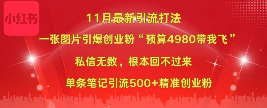 小红书11月最新图片打法,一张图片引爆创业粉“预算4980带我飞”,私信无数,根本回不过来,单条笔记引流500+精准创业粉-副业金库