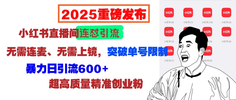 2025重磅发布：小红书直播间连怼引流，无需连麦、无需上镜，突破单号限制，暴力日引流600+超高质量精准创业粉-副业金库