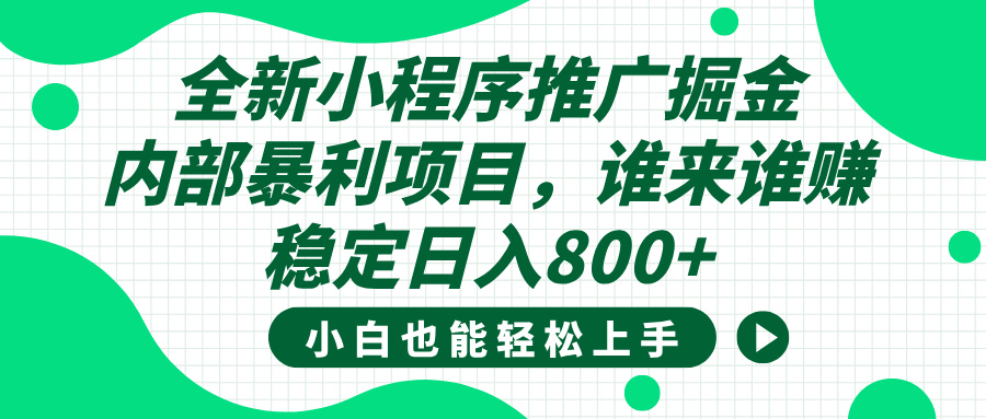 全新小程序推广掘金,内部暴利项目,小白轻松上手,稳定日入800+-副业金库