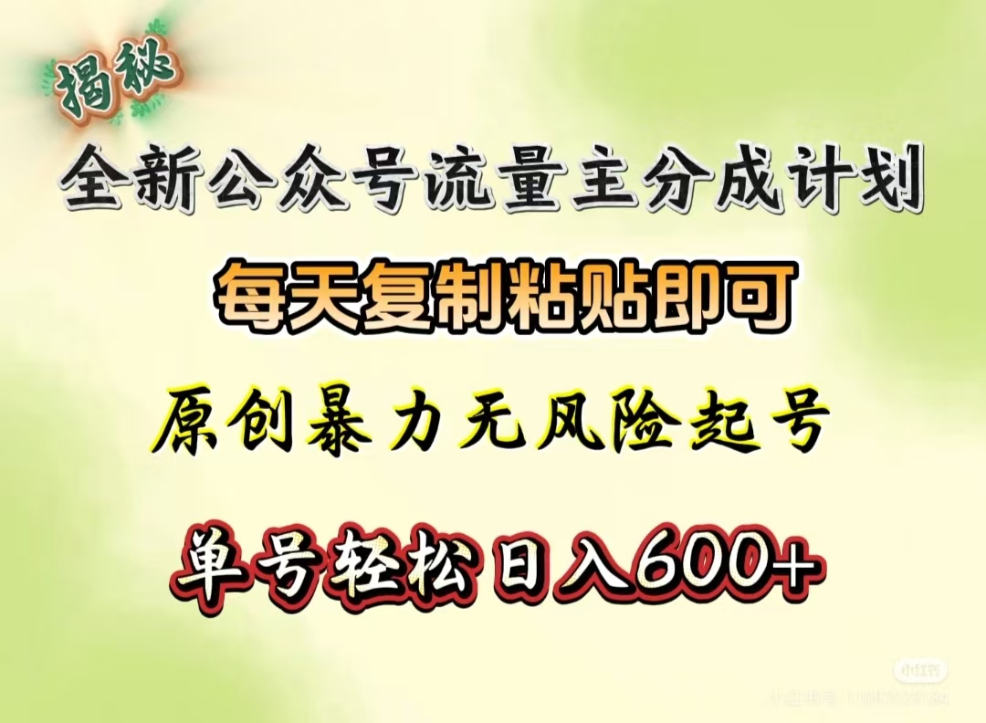 全新公众号流量主分成计划,每天复制粘贴即可,原创暴力起号无风险,单号轻松日入600+(揭秘)-副业金库