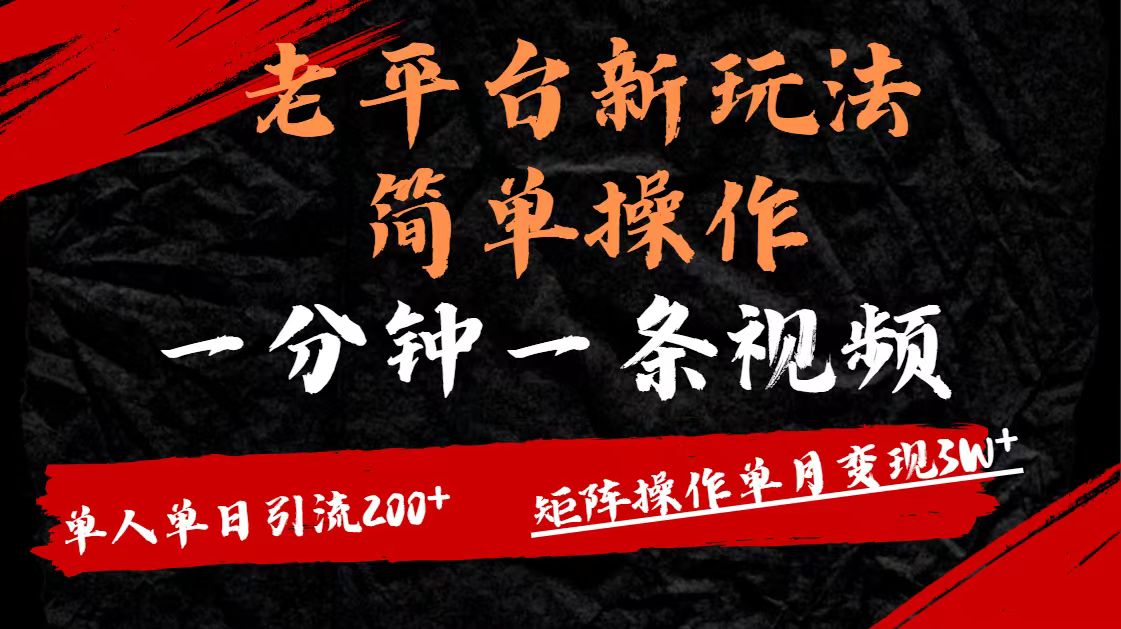 老平台，新玩法，简单操作，一分钟一条视频，单人单人引流200+矩阵操作，单月变现3W-副业金库
