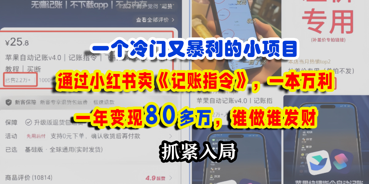 一个冷门又暴利的小项目，通过小红书卖《记账指令》，一本万利，一年变现80多万，谁做谁发财-副业金库