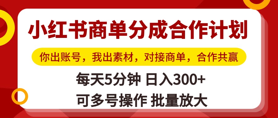 小红书商单分成合作计划，你出账号，我出素材，对接商单，合作共赢，单号日入300+，可批量放大-副业金库
