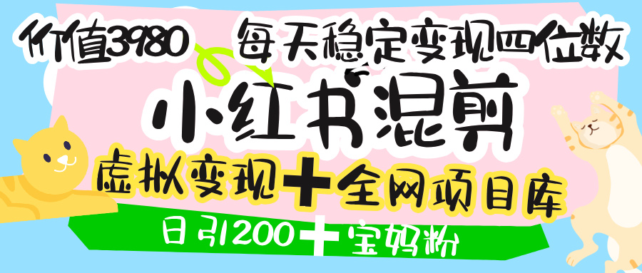 价值3980的小红书混剪， 虚拟变现 ＋全网项目库 ， 日引200+宝妈创业粉，每天稳定四位数变现-副业金库