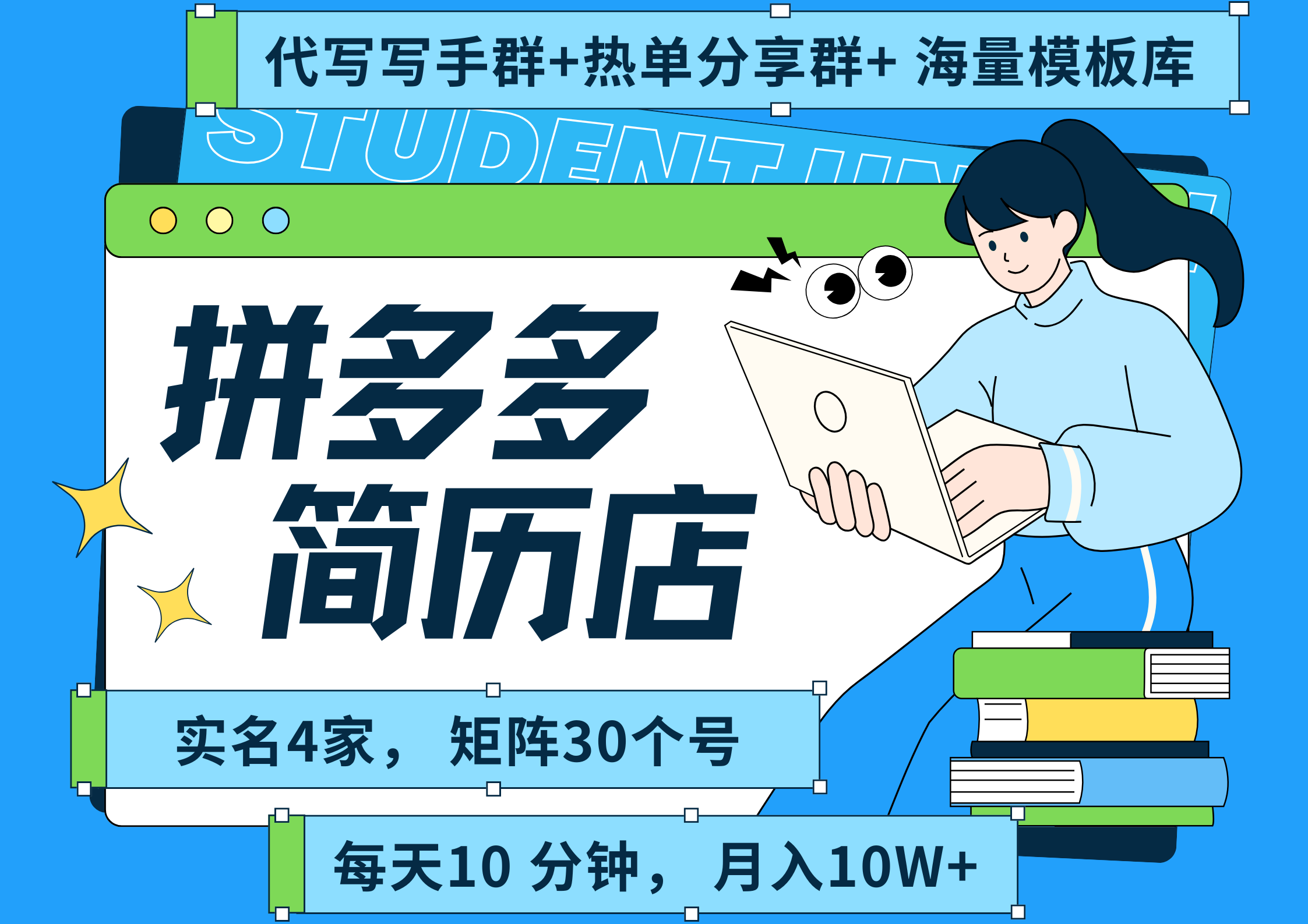 拼多多 虚拟资料 简历 海报代写 全SOP流程 毫无保留分享(含后端资料以及代写渠道)每天十分钟 每人实名四个店 矩阵30个账号 轻轻松松 月入10W-副业金库