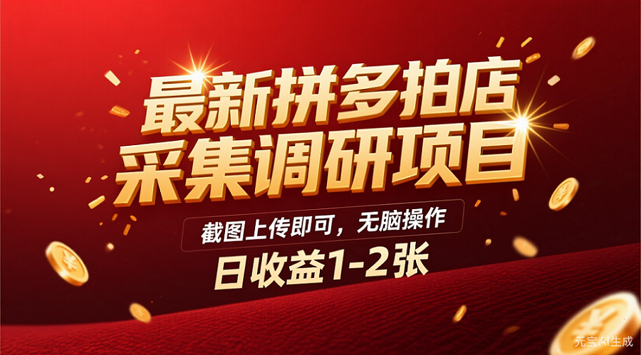 最新拼多多拍店采集调研项目，截图上传即可，无脑操作，日收益1-2张-副业金库