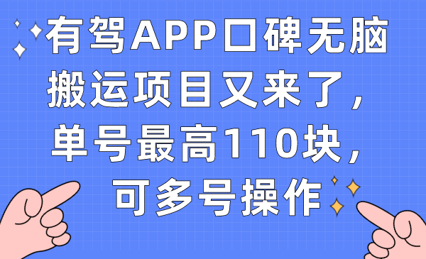 有驾APP口碑无脑搬运项目又来了，单号最高110块，可多号操作-副业金库