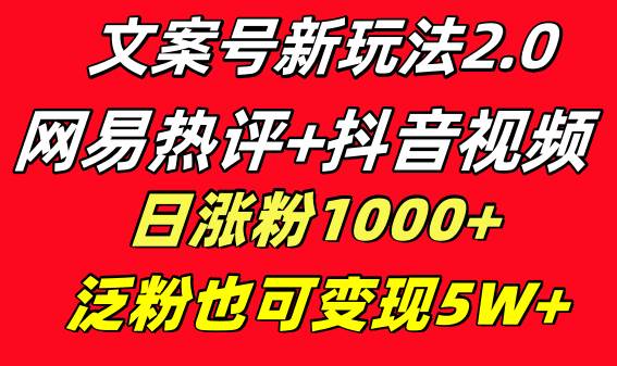文案号新玩法 网易热评 抖音文案 一天涨粉1000  多种变现模式 泛粉也可变现-副业金库