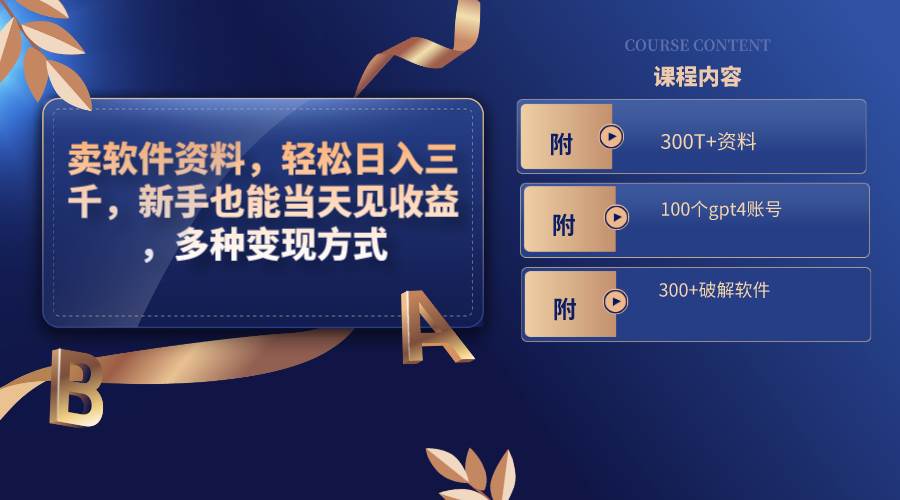 卖软件资料，轻松日入三千，新手也能当天见收益，多种变现方式，（附300T 资料，100个gpt4账号，300 破解软件）-副业金库