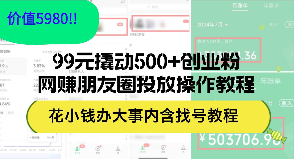 99元撬动500+创业粉，网赚朋友圈投放操作教程价值5980！花小钱办大事内...-副业金库